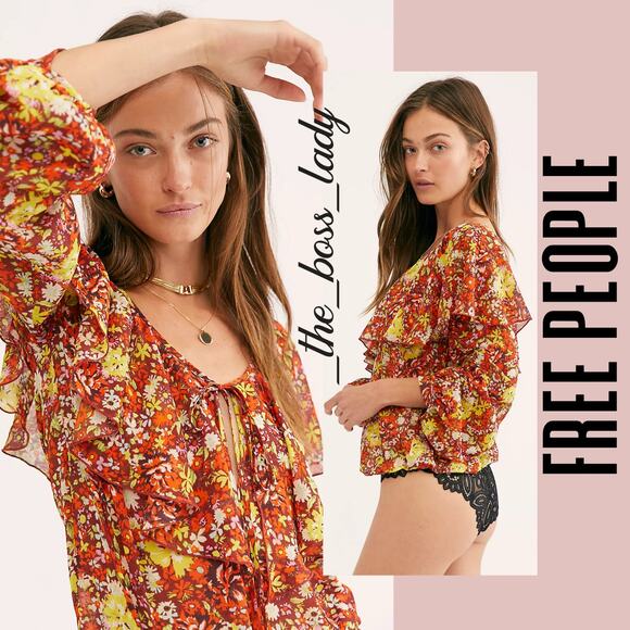 Free People bodysuit floral ruffled long sleeve bell sleeve polka dot chiffon XS - Picture 1 of 8